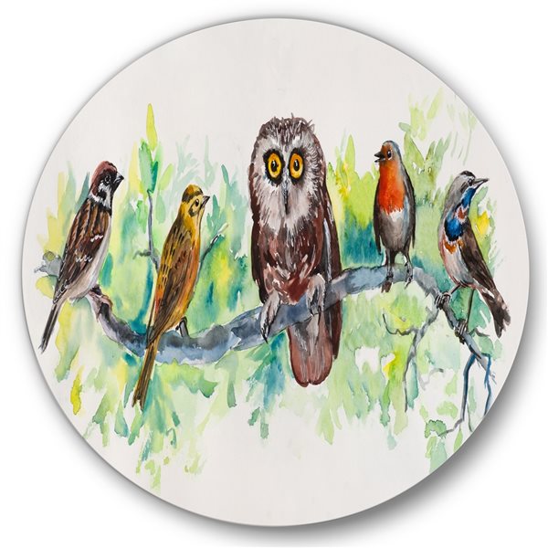 Designart 29-in H x 29-in W Owl on a Branch with Bird Friends - Traditional Metal Circle Art