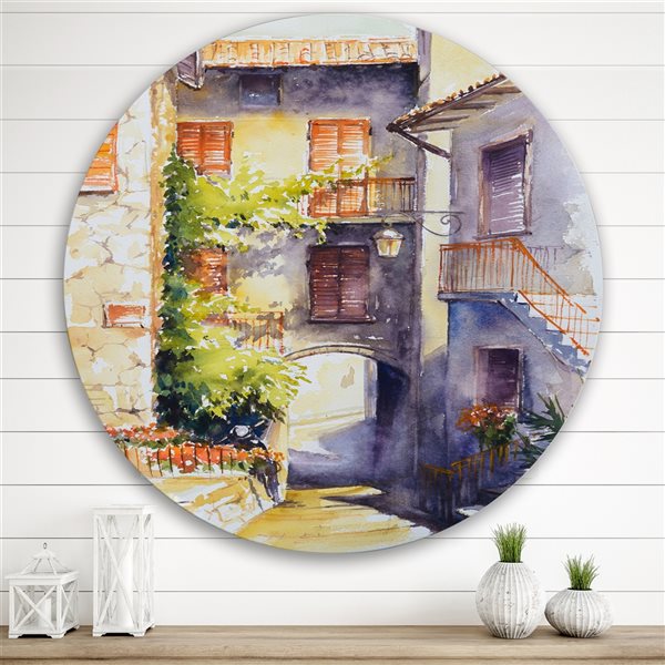 Designart 29-in H x 29-in W Rustic and Idyllic Italian VIllage - Country Metal Circle Wall Art