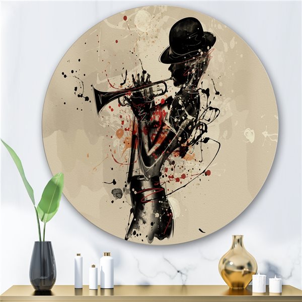 Designart 29-in H x 29-in W Woman Playing Jazz Trumpet - Modern Metal Circle Wall Art