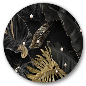 Designart 36-in H x 36-in W Black and Gold Tropical Leaves III - Modern Metal Circle Wall Art