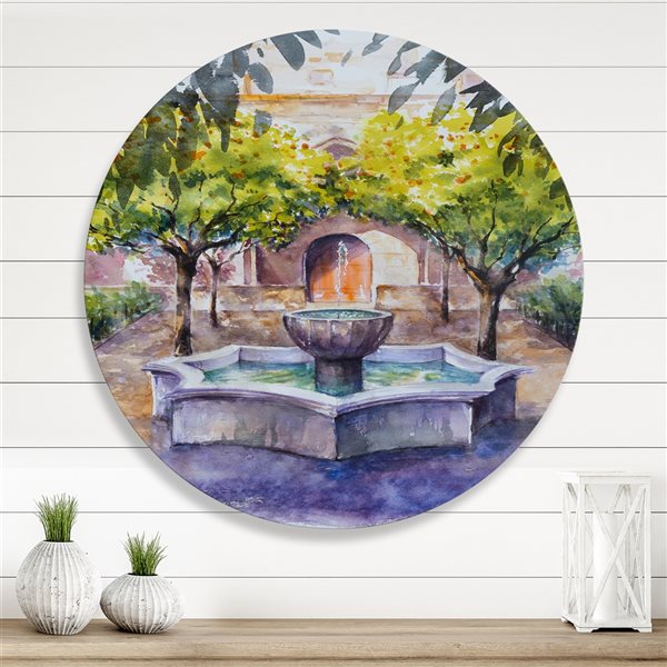 Designart 23-in H x 23-in W Small Fountain Picture with Trees in The Village - Country Metal Circle Art