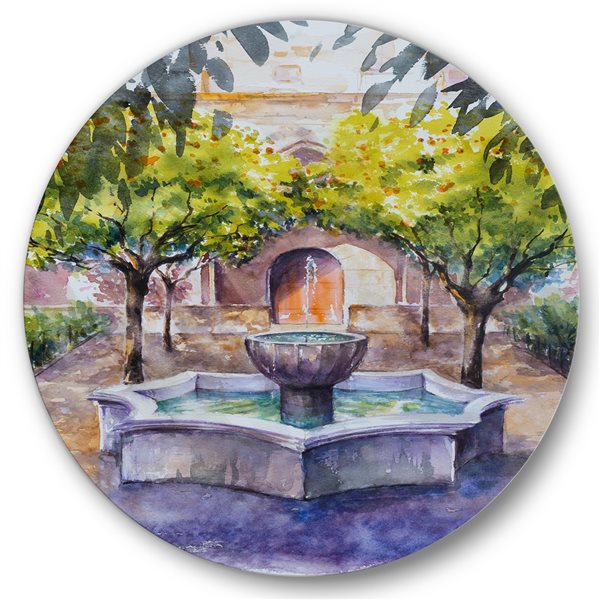 Designart 23-in H x 23-in W Small Fountain Picture with Trees in The Village - Country Metal Circle Art