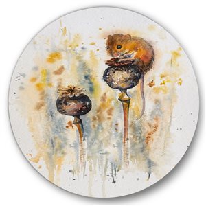 Designart 23-in H x 23-in W Mouse Sitting on Poppies - Traditional Metal Circle Wall Art