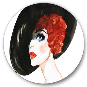 Designart 29-in H x 29-in W Red Head Lady in Hat Portrait of Woman - Modern Metal Circle Art