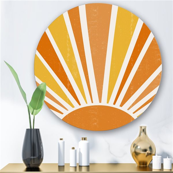 Designart 23-in H x 23-in W Minimalist Bright Shining Orange Sun Rays II - Modern Metal Circle Art