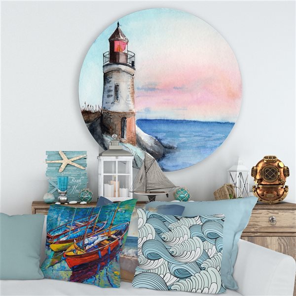 Designart 29-in H x 29-in W A Lighthouse on A Rock Shore in Early Morning - Metal Circle Art