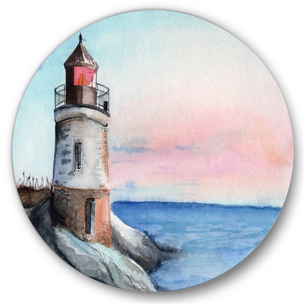 Designart 29-in H x 29-in W A Lighthouse on A Rock Shore in Early Morning - Metal Circle Art