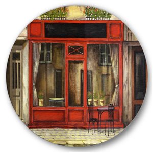 Designart Frameless 29-in x 29-in Red Facade of Charming Shop in Paris I French Country Circle Wall Art