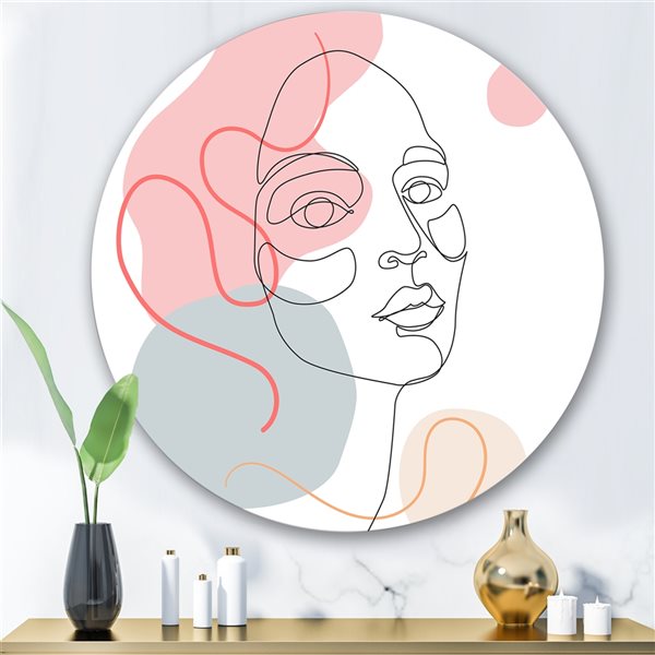 Designart Frameless 36-in x 36-in One Line Drawing of Young Woman in Pastel Tones Modern Circle Wall Art