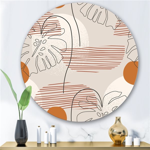Designart Frameless 29-in x 29-in One Line Art Shapes and Monstera Leaf Modern Metal Circle Wall Art