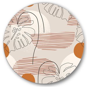 Designart Frameless 29-in x 29-in One Line Art Shapes and Monstera Leaf Modern Metal Circle Wall Art