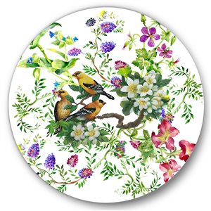 Designart Frameless 23-in x 23-in Tropical Birds with on Blooming Tree Traditional Metal Circle Wall Art