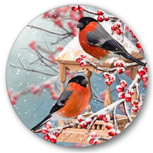 Designart 36-in 36-in Two Tits Sit on a Snow-Covered Branch Traditional Circle Art