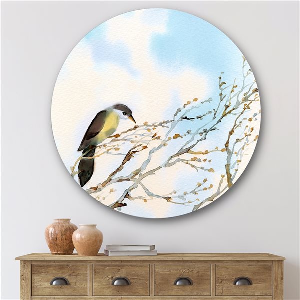 Designart 36-in 36-in Bird on Old Bare Tree with Blue Cloudy Sky Traditional Circle Art