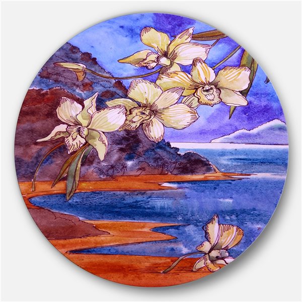 Designart 11-in 11-in White Orchid with Sea' Floral Circle Metal