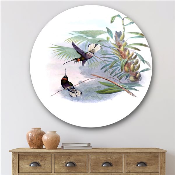 Designart 29-in 29-in Vintage Hummingbird on a Branch Traditional Metal Circle Wall Art