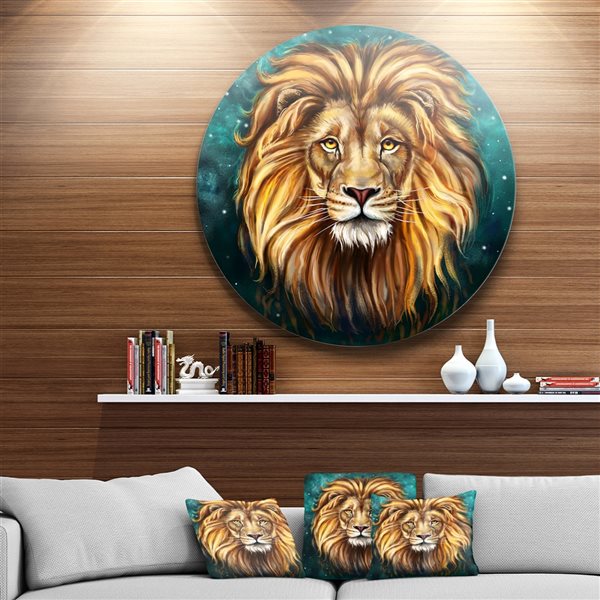 Designart 29-in 29-in Lion Head in Blue' Animal Circle Metal Wall