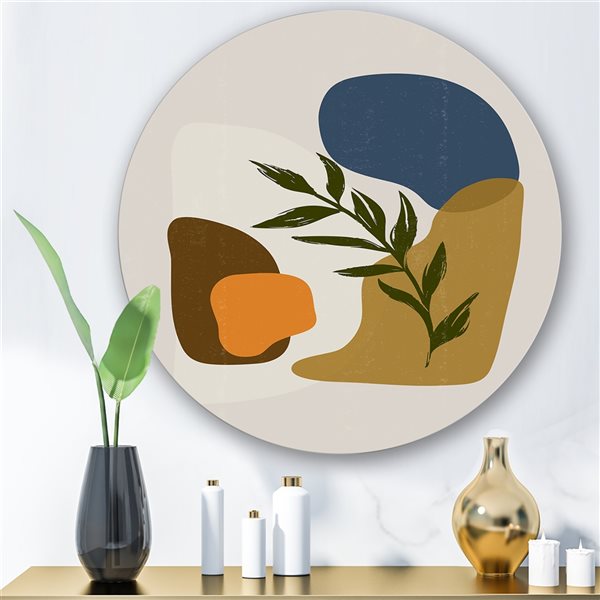 Designart 23-in 23-in Botanical Minimalist Shapes with Green Leaf Modern Circle Art