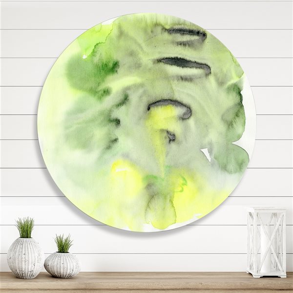 Designart 23-in 23-in Abstract Pond of Green and Yellow Modern Metal Circle Wall Art