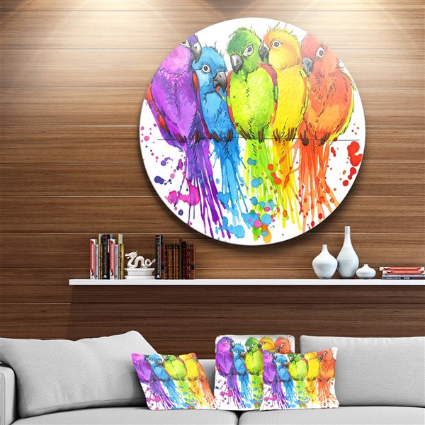 Designart 23-in 23-in Colorful Parrots Illustration' Animal Metal Circle Wall Art