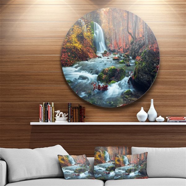 Designart 23-in x 23-in Autumn Mountain Waterfall Long View Circle Metal Wall Art
