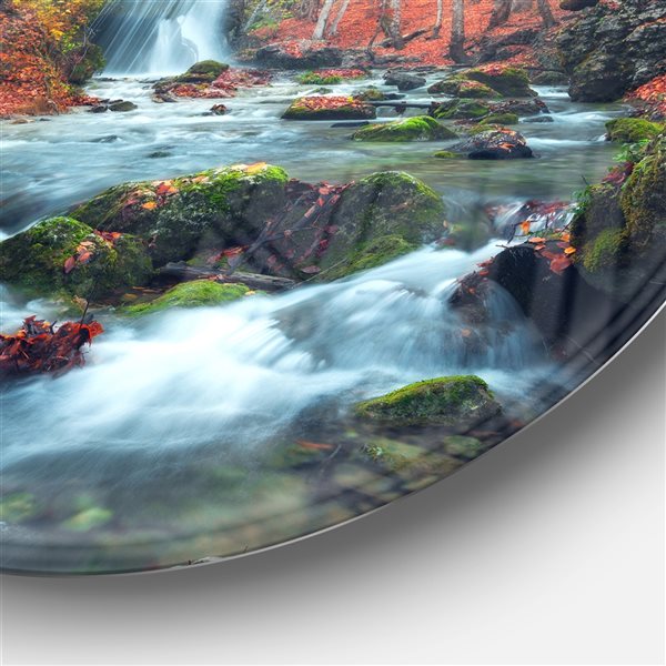 Designart 23-in x 23-in Autumn Mountain Waterfall Long View Circle Metal Wall Art