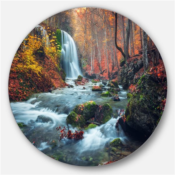 Designart 23-in x 23-in Autumn Mountain Waterfall Long View Circle Metal Wall Art