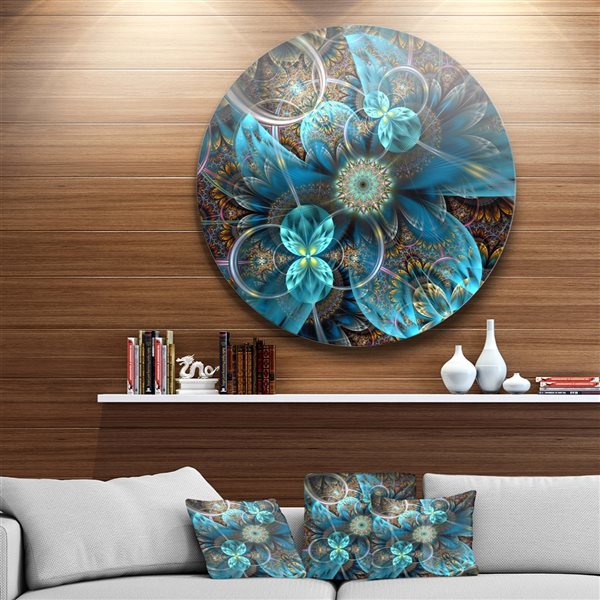 Designart 11-in x 11-in Fractal Blue Flowers Floral Circle Metal Wall Art