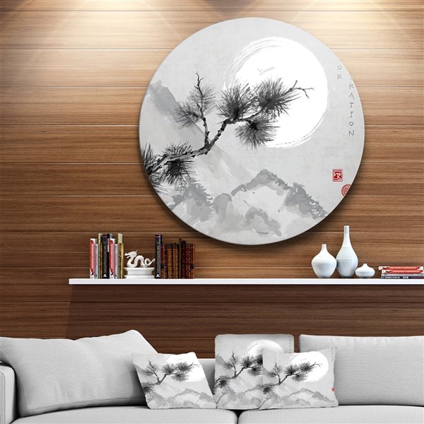 Designart 36-in x 36-in Pine Tree Branch Japanese Circle Metal Wall Art