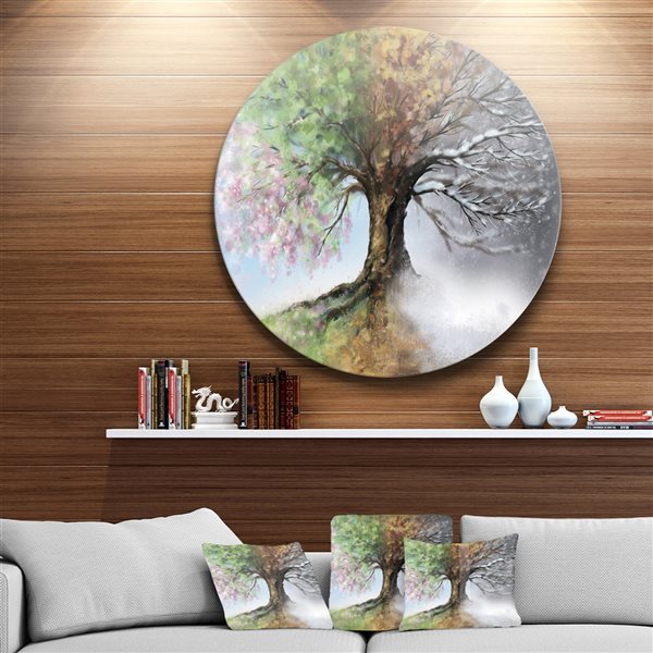 Designart 36-in x 36-in Tree with Four Seasons Tree Painting Circle Metal Wall Art