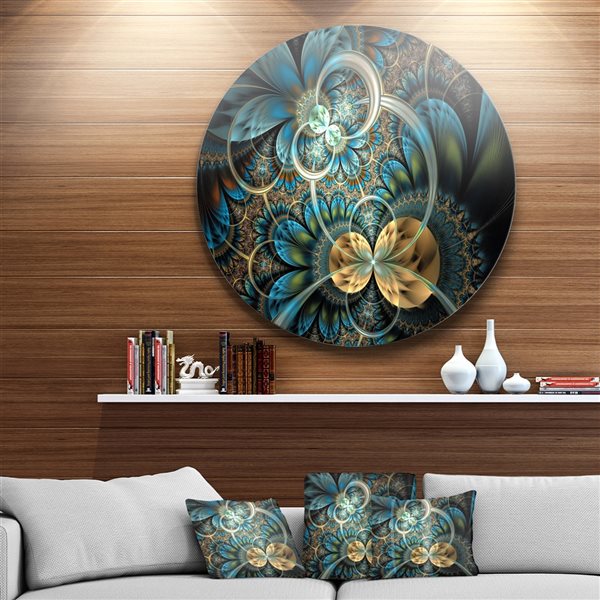 Designart 36-in x 36-in Symmetrical Blue Gold Fractal Flower Circle Metal Wall Arts