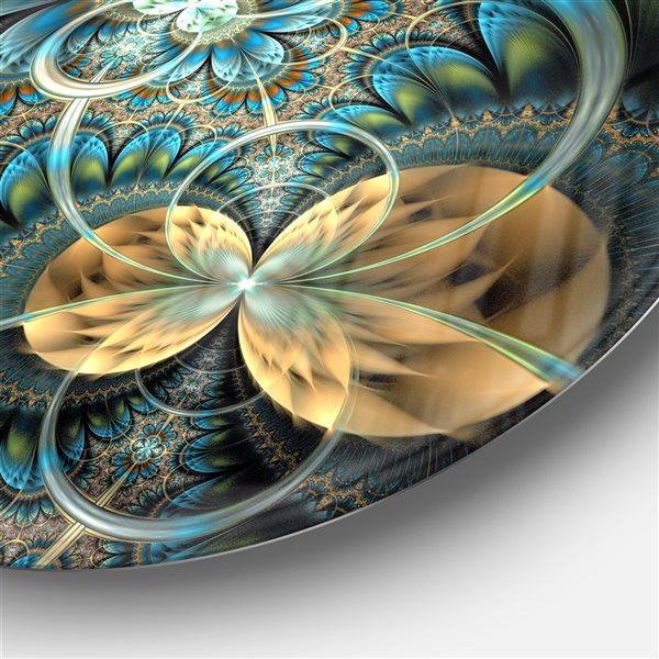 Designart 36-in x 36-in Symmetrical Blue Gold Fractal Flower Circle Metal Wall Arts