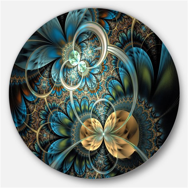 Designart 36-in x 36-in Symmetrical Blue Gold Fractal Flower Circle Metal Wall Arts