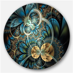 Designart 36-in x 36-in Symmetrical Blue Gold Fractal Flower Circle Metal Wall Arts