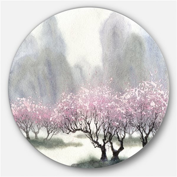 Designart 23 in x 23 in Flowering Trees at Spring Landscape Circle Metal Wall Art