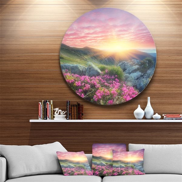 Designart 11-in x 11-in Morning with Flowers in Mountains Landscape Circle Metal Wall Art