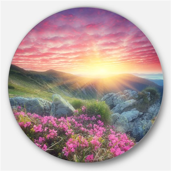 Designart 11-in x 11-in Morning with Flowers in Mountains Landscape Circle Metal Wall Art