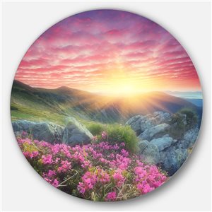 Designart 11-in x 11-in Morning with Flowers in Mountains Landscape Circle Metal Wall Art