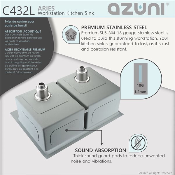 Azuni 30-in x 20.5-in Stainless Steel Drop-in Double Equal Bowl Workstation Kitchen Sink