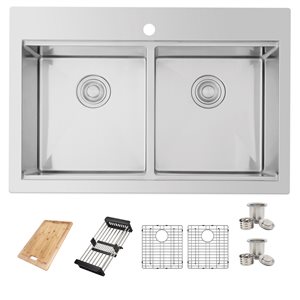 Azuni 30-in x 20.5-in Stainless Steel Drop-in Double Equal Bowl Workstation Kitchen Sink