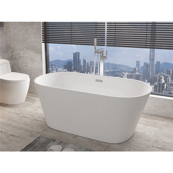 Baignoire autoportante ovale par A&E Bath & Shower,  29,5 po l. x 59 po L., acrylique blanc brillant, drain central