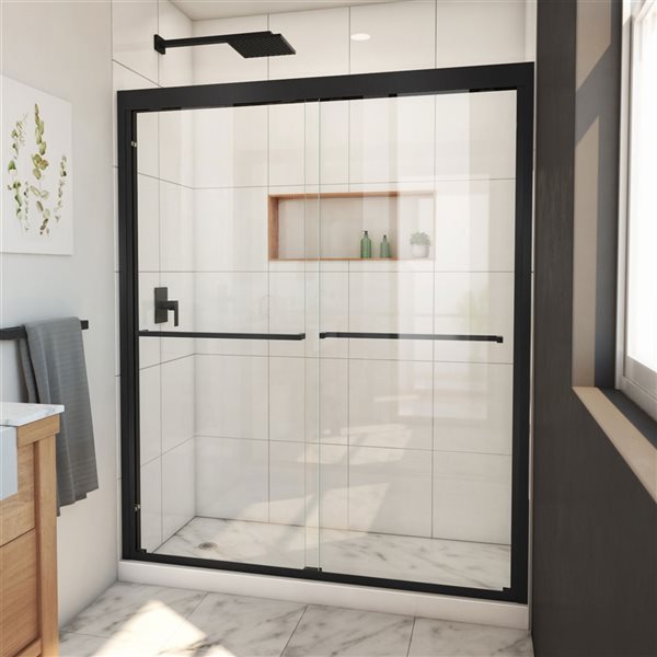 DreamLine Duet Plus 72-in H x 56-in to 60-in W Semi-frameless Bypass/sliding Satin Black Shower Door (Clear Glass)