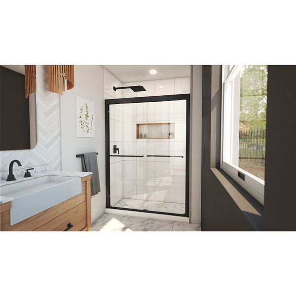 Porte de douche coulissante à demi-cadre noir satiné Duet Plus de DreamLine, verre transparent, 58 po h. x 55 à 59 po l.