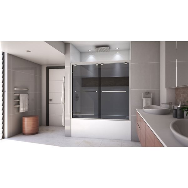 Porte de bain coulissante Encore à demi-cadre nickel brossé de DreamLine, verre gris fumé, 58 po h x 56 à 60 po l.