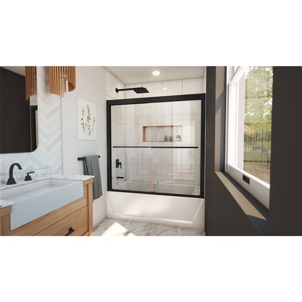 Porte de bain coulissante à demi-cadre noir satin Duet Plus de DreamLine, verre transparent, 58 po h. x 55 à 59 po l.