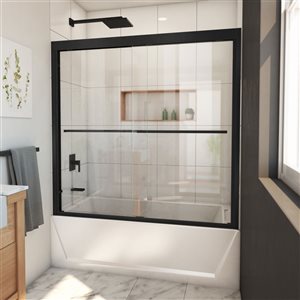 Porte de bain coulissante à demi-cadre noir satin Duet Plus de DreamLine, verre transparent, 58 po h. x 55 à 59 po l.