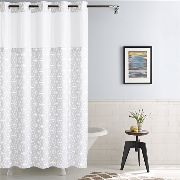 Hookless 74 In X 71 Polyester White, Gray And White Geometric Shower Curtain