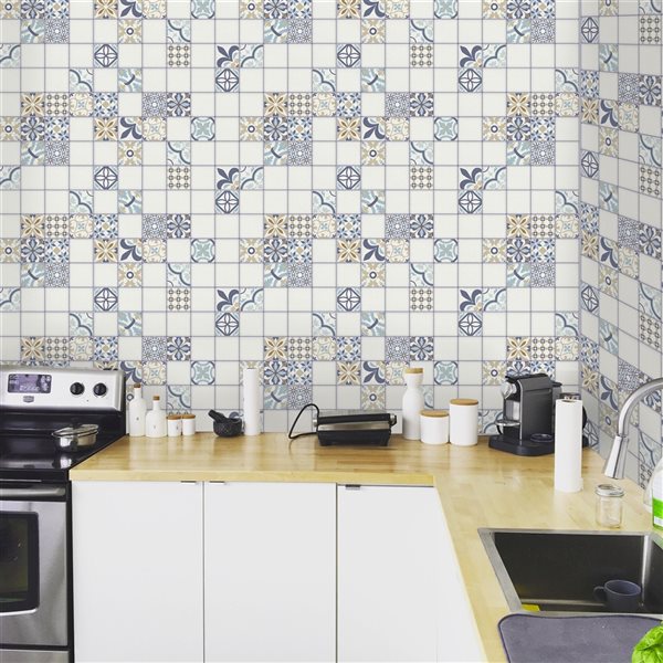 Dundee Deco Falkirk Retro 3D III Blue Beige Faux Tile 3.1 ft X 1.6 ft PVC 3D Wall Panel - 4.9-sq. ft. each - 5-Pack