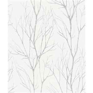 Advantage Diani White Metallic Tree 57.8-sq. ft. Unpasted Vinyl Wallpaper