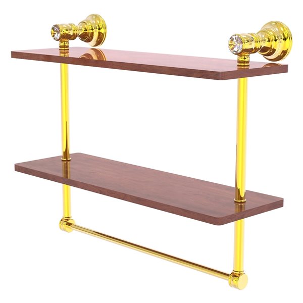 Allied Brass Carolina Crystal Polished Brass 2-Tier Wood Wall Mount Bathroom Shelf with Towel Bar